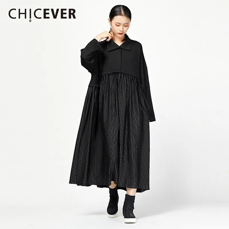 Женское платье в полоску с отложным воротником длинным рукавом и большим