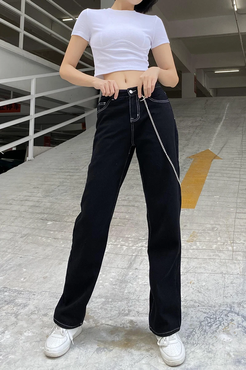 

2021 New Women Straight Leg Jeans High Waist Loose Boyfriend Streetwear Solid Color Harajuku Denim Pants with Metal Chain