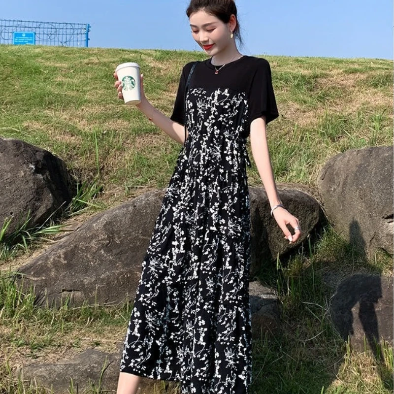 Платье женское, до середины икры, с принтом, повседневное, летнее, дышащее, черное, мягкое, А-силуэт, студенческое, новая мода, универсальное платье на любой случай, летнее платье для отдыха.