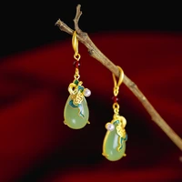 golden inlaid jade drop earrings 18k yellow gold filled ethnic style waterdrop jade earrings for women