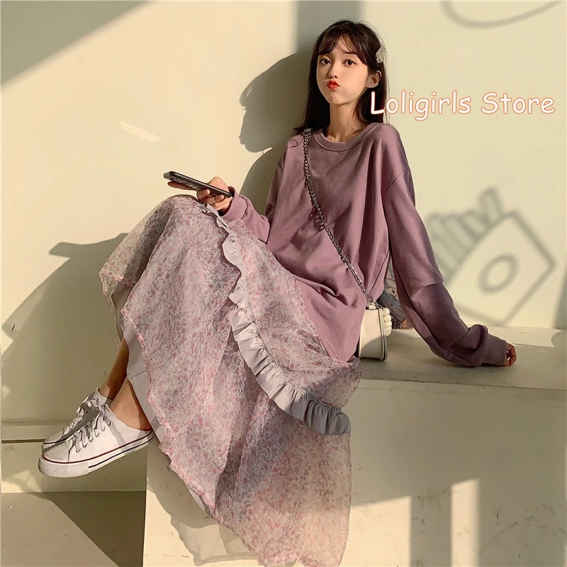 Осень 2020 новинка свободная юбка в сеточку с цветочным принтом милая толстовка