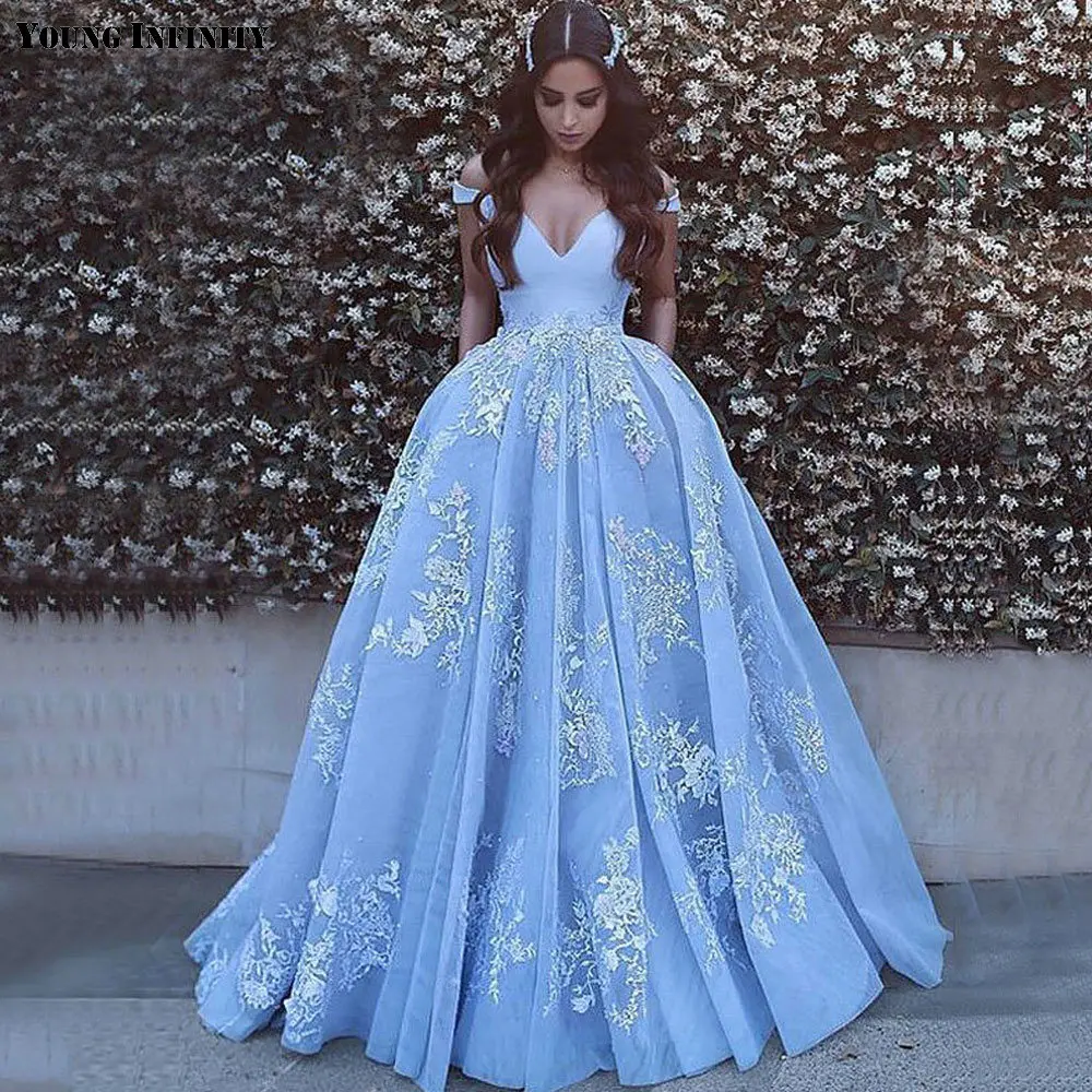 

2020 Hot Sale Blue Elegant Ball Gown Prom Dresses Off-Should Long Lace Applique Evening Dress Fashion Adult Gift Clothing