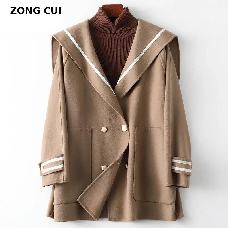 

New Women Loose Wool Jacket Turn Down Collar Long Sleeve Double Breasted Casual Japan Style 100% Double-sided Wool Jacket Ladies