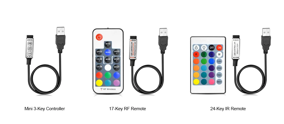 Светодиодный ленты 5 вольт rgb-контроллер USB ИК RF пульт дистанционного управления 3 ключа 17 ключ с 24-мя клавишами удаленный беспроводной контроллер 5В питание от USB светодиодный полосы света