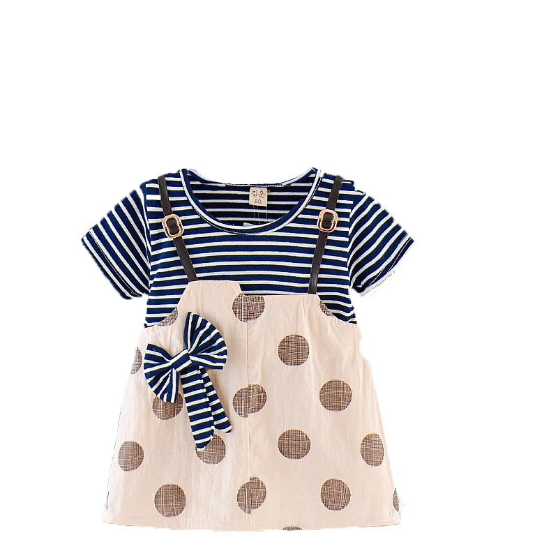 

Children's Clothing New Summer Girl's Dress Casual Striped Polka Dot Fake Two-Piece Short-Sleeve Dress Sweet Children Shirt
