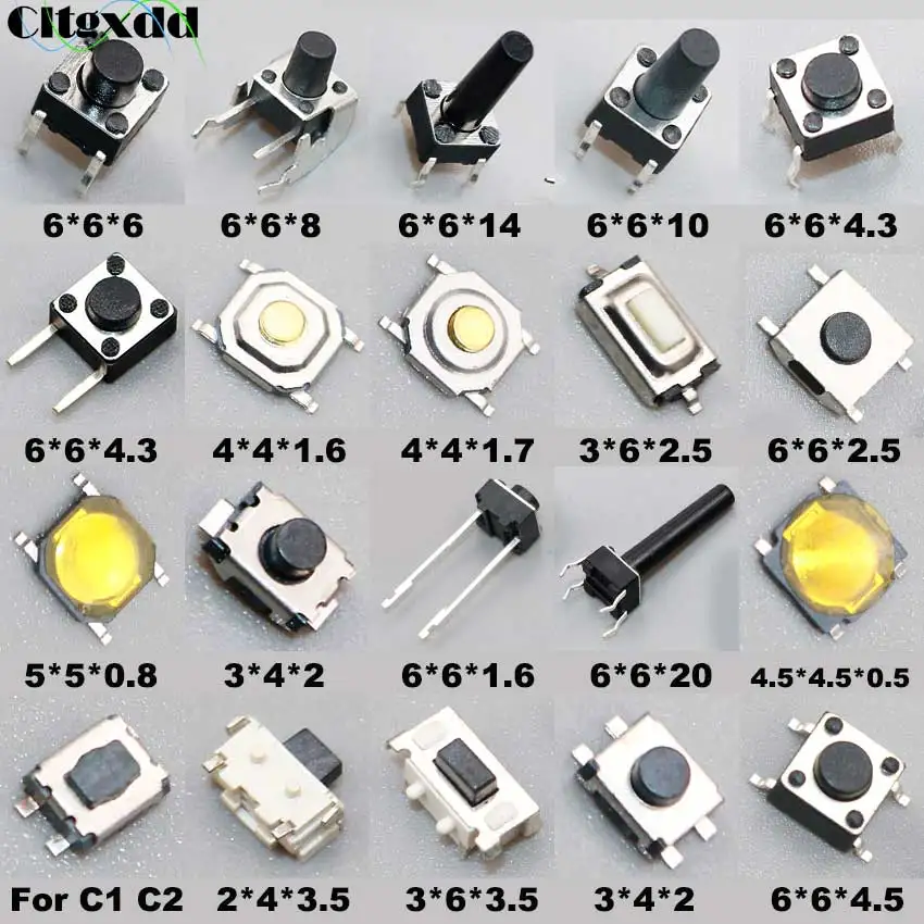 

Cltgxdd 20models Micro Switch Push Button Tact Switches Reset Mini Leaf Switch SMD DIP 2*4 / 3*4 / 3*6 / 4*4 / 6*6 / 5*5 Diy Kit