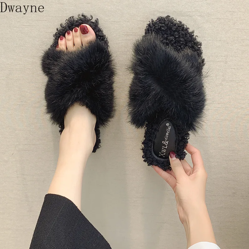Меховые тапочки удобная женская обувь на мягкой подошве модные дикие плоские