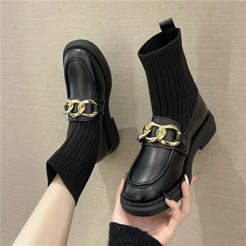 

2021 Autumn New Booties Woman Black Leather Ankle Boots Knitted Elastic Boots Fashion Metal Buckle Thick-soled Martin Boots