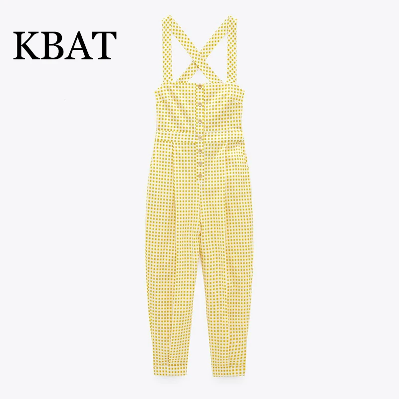 

KBAT Summer Women Jumpsuit Woman Chic Button Up Vintage Yellow Plaid Playsuits Women Straps Gingham Jumpsuits