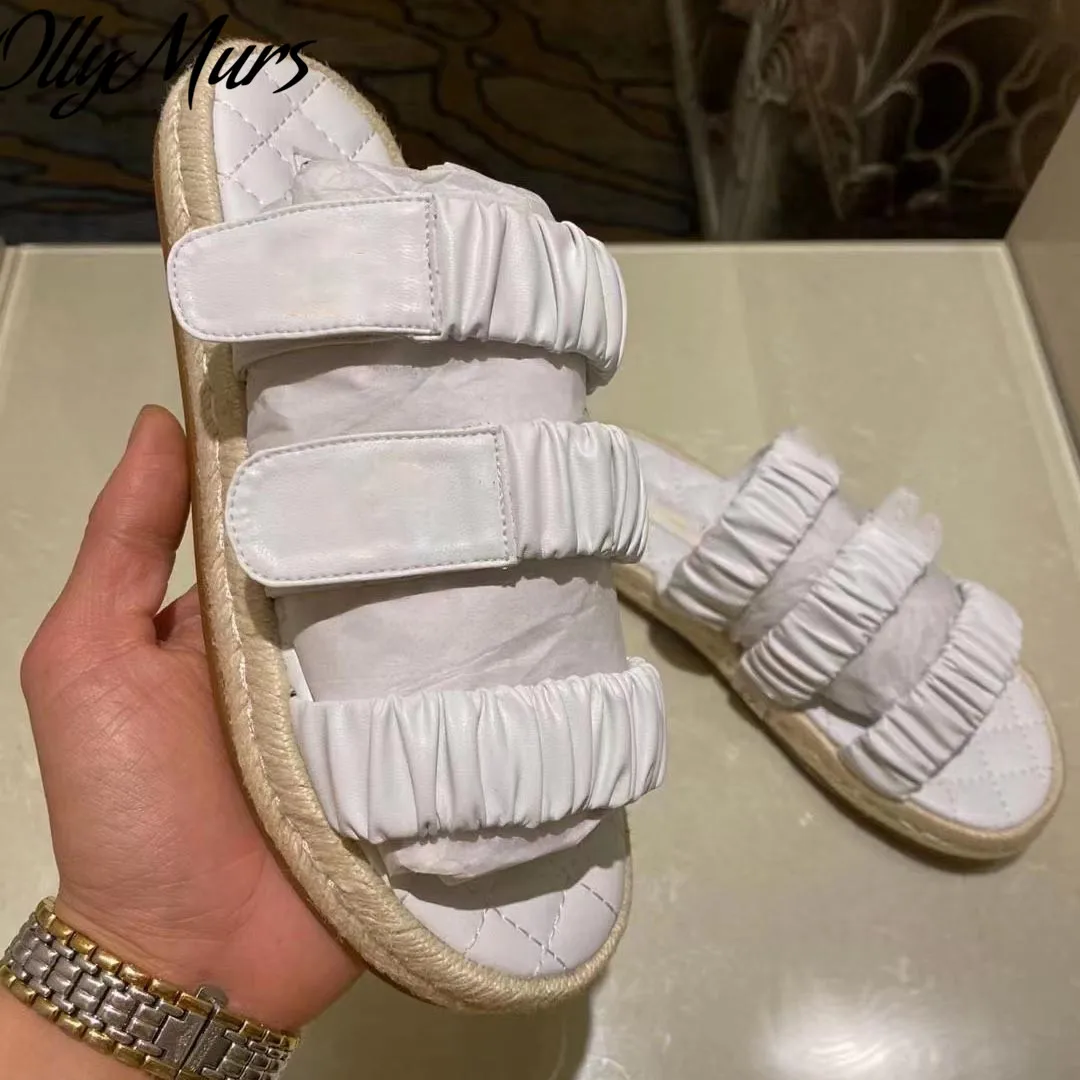 

Ollymurs New Summer Genuine Leather Pink White Luxury Brand Slides Narrow Band Flats Sandals Shoes Women