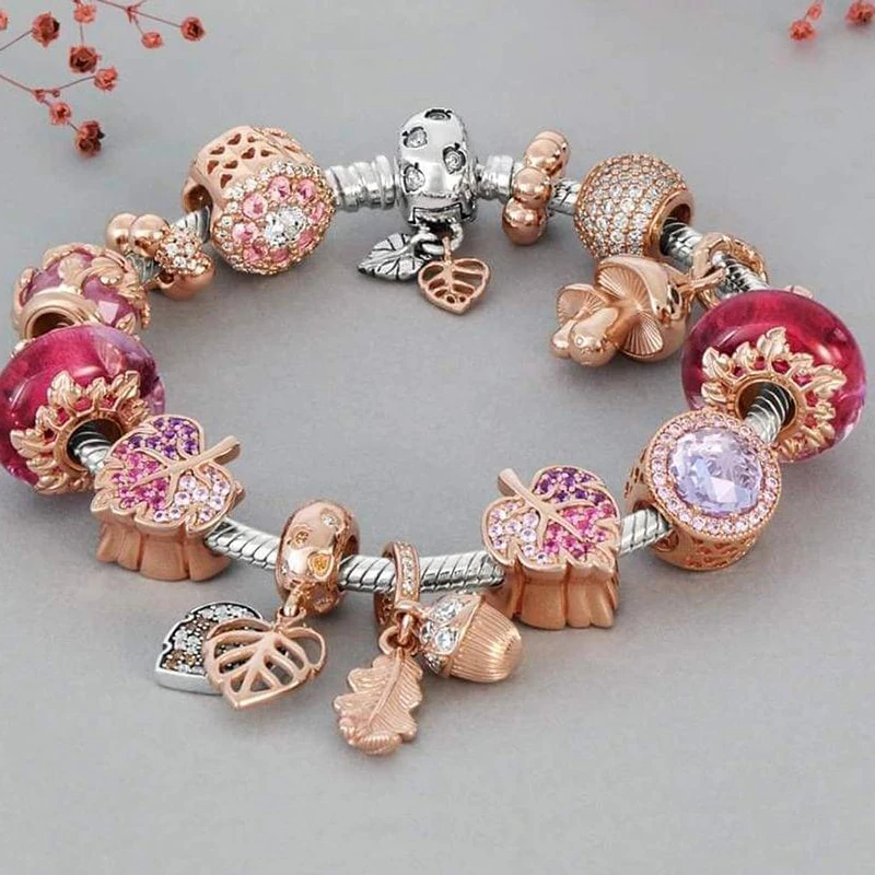 

2021 New Flower & Maple Leaf Beads Charm Bracelets & Bangles With Silver Color Snake Chain Bracelets For Women Jewelry Pulseira