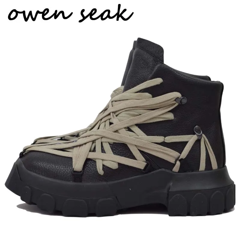 melhor Owen Seak Homens Botas De Equitação De Couro Genuíno Alto-topo Tornozelo Aumentar Formadores De Luxo Casual Rua Apartamentos Outono Inverno Sapatos