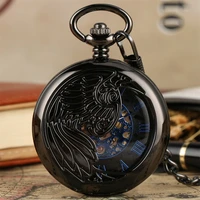 vintage black wing pattern mechanical pocket watch male retro pocket pendant clock with chain half hunter manual timepiece reloj