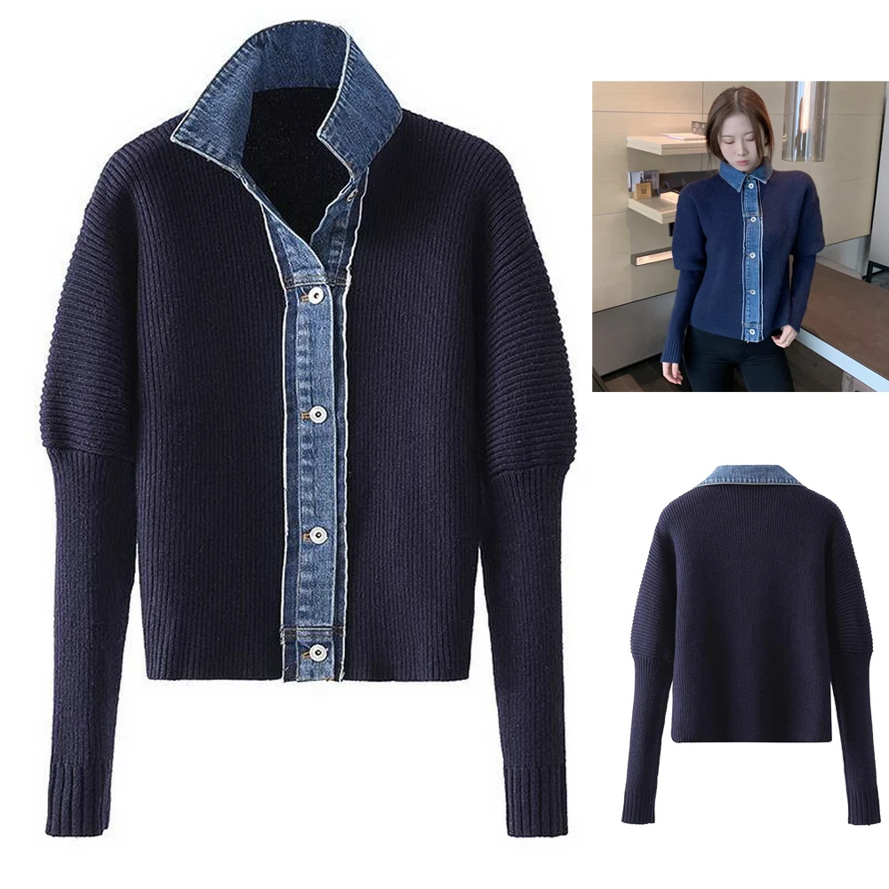 

Turn-down Collar Jacket Cardigan Sweater Women 2021 Autumn Winter Knitwear Korean Denim Patchwork Knitted Coat