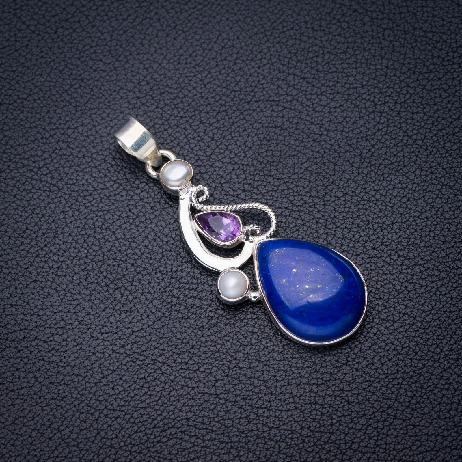 

StarGems Natural Lapis Lazuli River Pearl And Amethyst Handmade 925 Sterling Silver Pendant 2.25" E4015