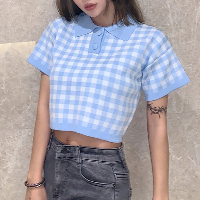 Женская футболка в клетку розовая или синяя с коротким рукавом круглым вырезом и