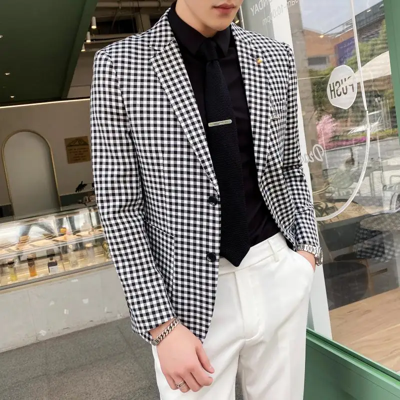 Мужской Клетчатый Блейзер деловой приталенный модная уличная одежда пиджак для