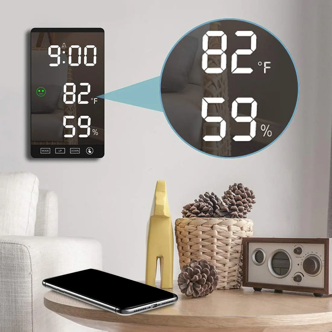 

Touch button wall-mounted alarm clock 6 inch LED rearview mirror digital clock time temperature and humidity display USB output