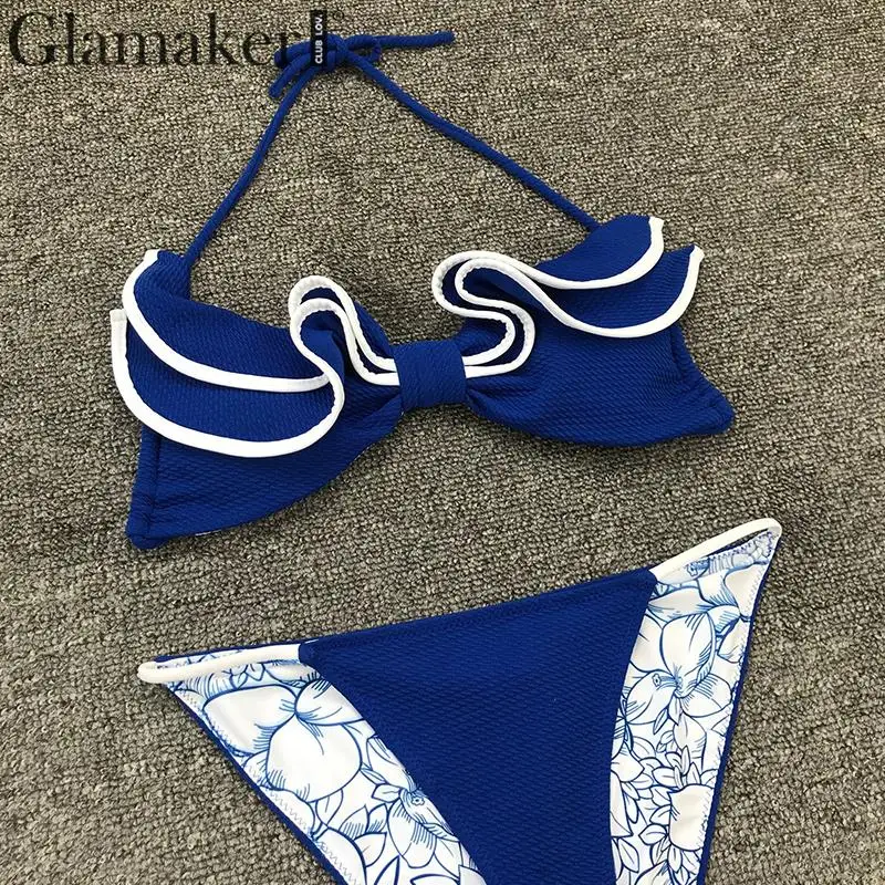 Glamaker, купальный костюм с бретелькой через шею, цветочный принт, комплект бикини с оборками, Модный Купальник, женский сексуальный купальник, женский летний голубой купальник