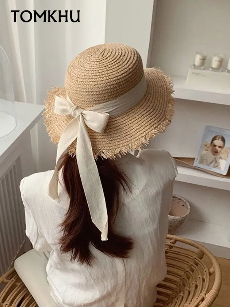 

Flat Top Ribbon Lafite Straw Hat for Women Female Japanese Bow Small Fresh Sun Protection Seaside Vacation Beach Sun Hat Travel