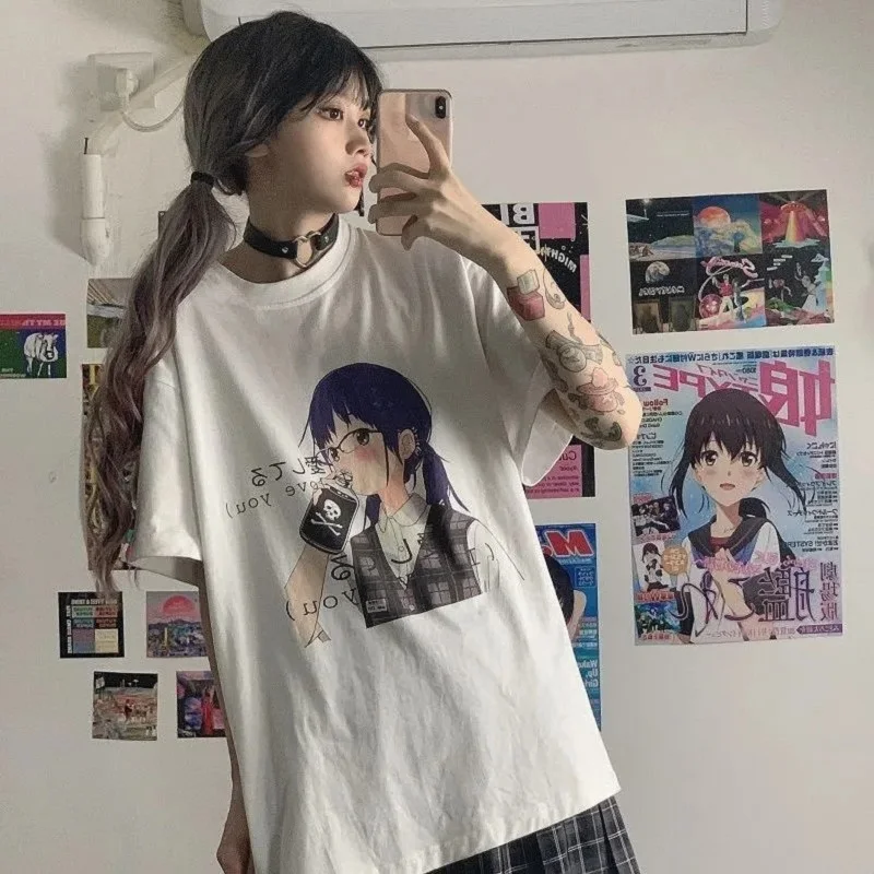 

Harajuku Second element cartoon anime print O-neck loose short-sleeve t-shirt girl top summer vintage clothes streetwear Kawaii