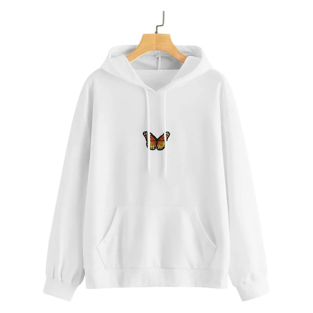 Women Butterfly Sweatshirt Long Sleeve Pocket Pullover Hoodie Tunic Top Streetwear Women Oversized Hoodies Moletom Feminino