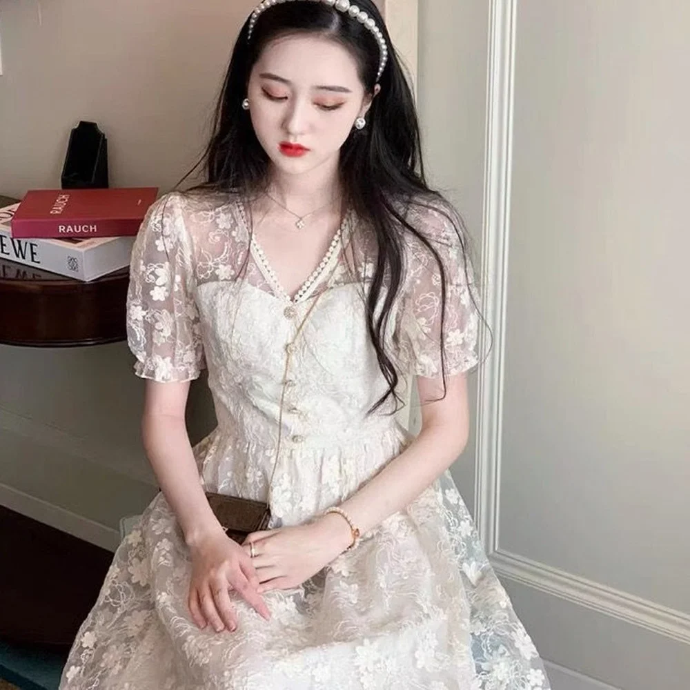 

2021 Summer Elegant Midi Mesh Dress Women V-Neck Short Sleeve Lace Vintage Dress Female Evening Party One Piece Dress Korean