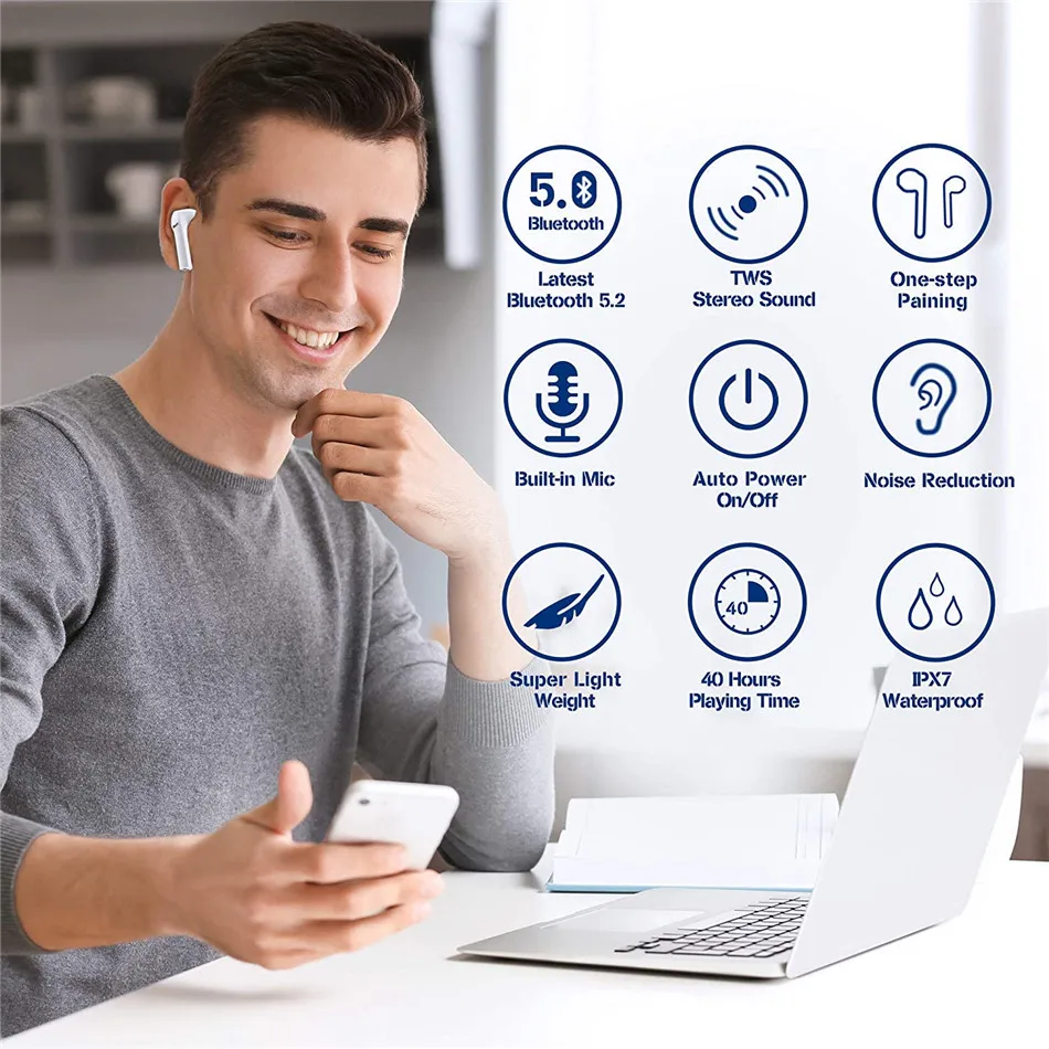 earphone bluetooth v5.2 wireless tws headset earbuds bloothooth in ear hifi with microphone Noise Cancelling and IPX7 waterproof