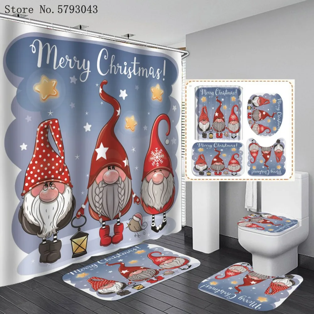 Enlarge Merry Christmas Shower Curtain 4 Piece Happy New Year Carpet Cover Toilet Cover Bath Mat Pad Set Festival Bathroom Curtain Decor