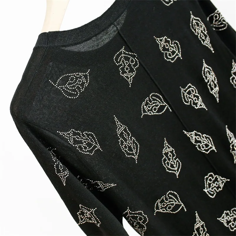 

Spring Summer Women Knitted T-shirt Shiny Leaves Rhinestone Loose Short-Sleeved O-neck Female Casual Pullover Tops