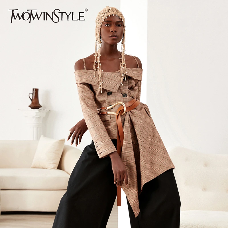 Женский клетчатый Блейзер TWOTWINSTYLE асимметричный блейзер с длинным рукавом и
