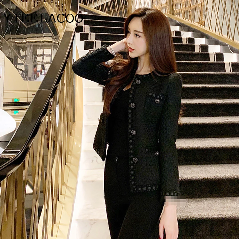 Черная твидовая Женская куртка на весну/Осень/зиму шерстяное пальто новая
