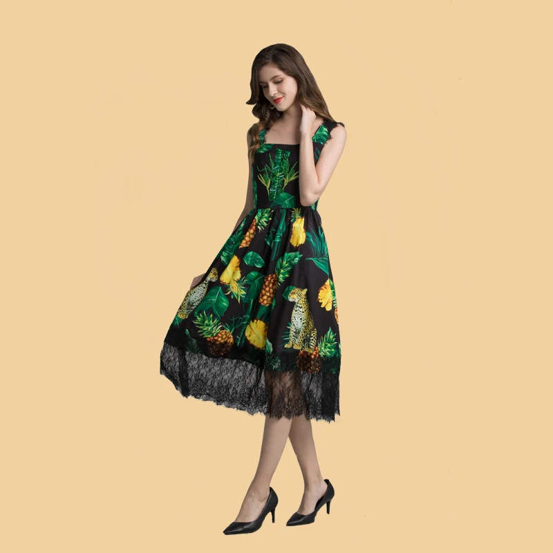 Женское дизайнерское праздничное платье миди на бретельках с принтом зеленых