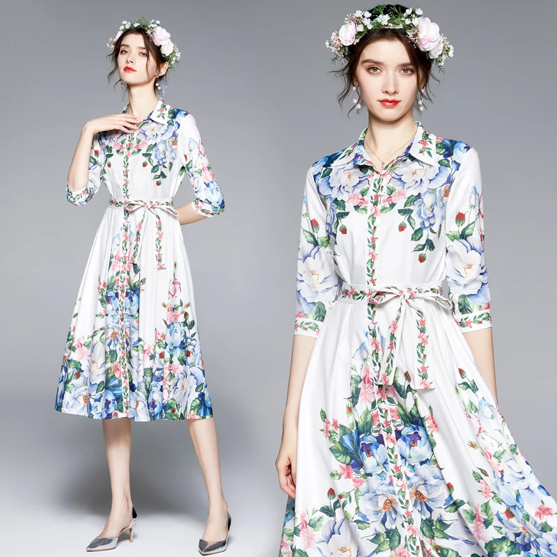 

Dresses for Women Summer 2021Office Lady A-LINE Elegant Young Harujuku Printing Knee-Length Turn-down Collar Chiffon Empire