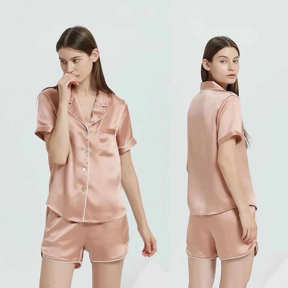 CAVME PLUS SIZE Silk Pajama Set for Women 100% Sleepwear 2 Pieces Short Sleeve Short Pants Solid Color Homewear Homeclothes