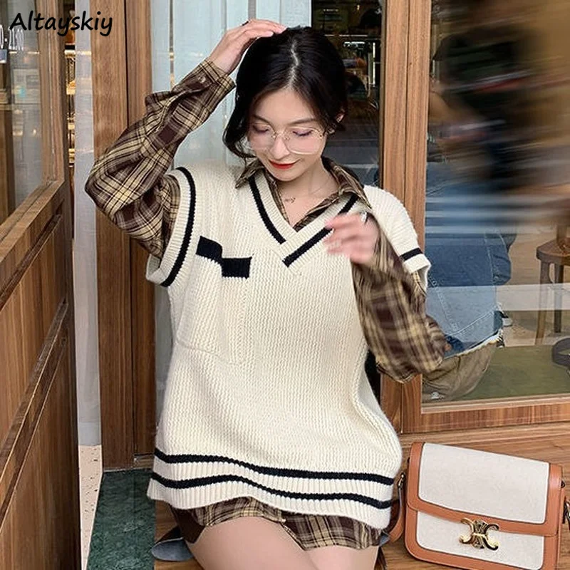 

Sweater Vests Women Leisure Elegant V-neck College Korean Style Panelled All-match Fashion Sleeveless New Female Vintage Soft