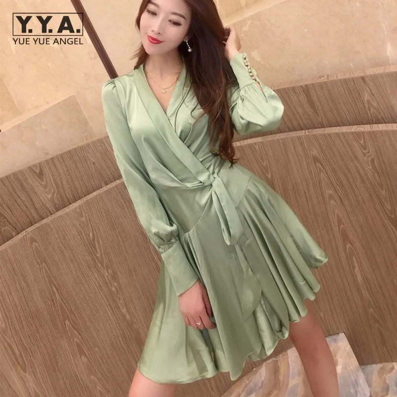 

Autumn Female Elegant Dress Green V-Neck Lace Up Long Sleeve Dress Fashion Design Ruffle Office Ladies High Waist Short Dresses