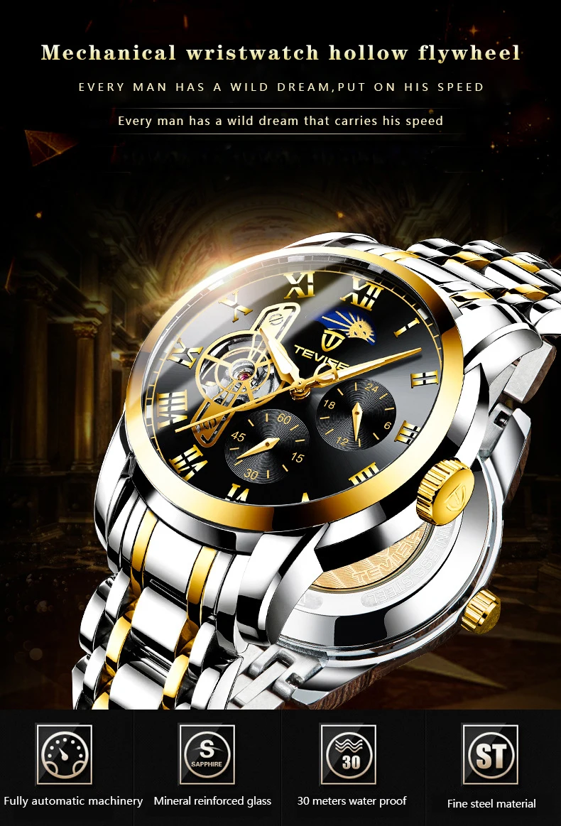 TEVISE Модные мужские спортивные автоматические часы Топ люксовый бренд Tourbillon часы из нержавеющей стали Мужские механические часы Relogio