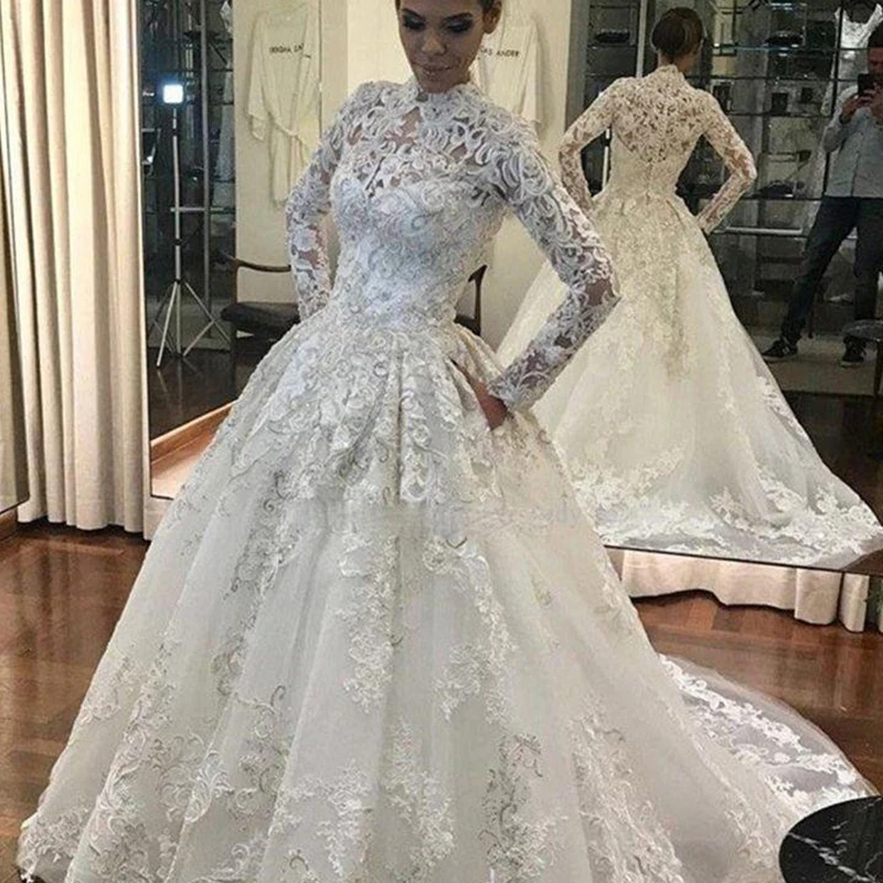 

Affordable Custom Size Plus Size White Ivory High Neck Muslim Lace Wedding Bridal Gowns Lace Wedding Dresses 2021