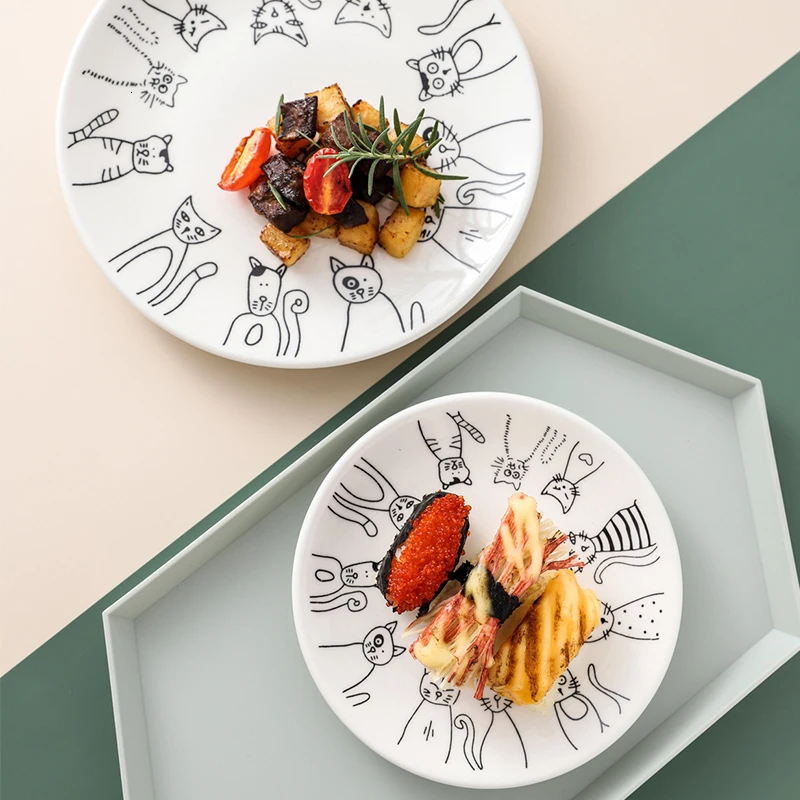 Оригинальная керамическая тарелка с кошачьим узором основная десерт сердечком