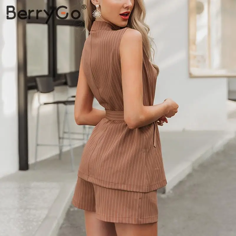 BerryGo Sleeveless two piece set women blazer vest Striped sash belt female suit outfit 2020 Spring summer shorts two-piece | Женская