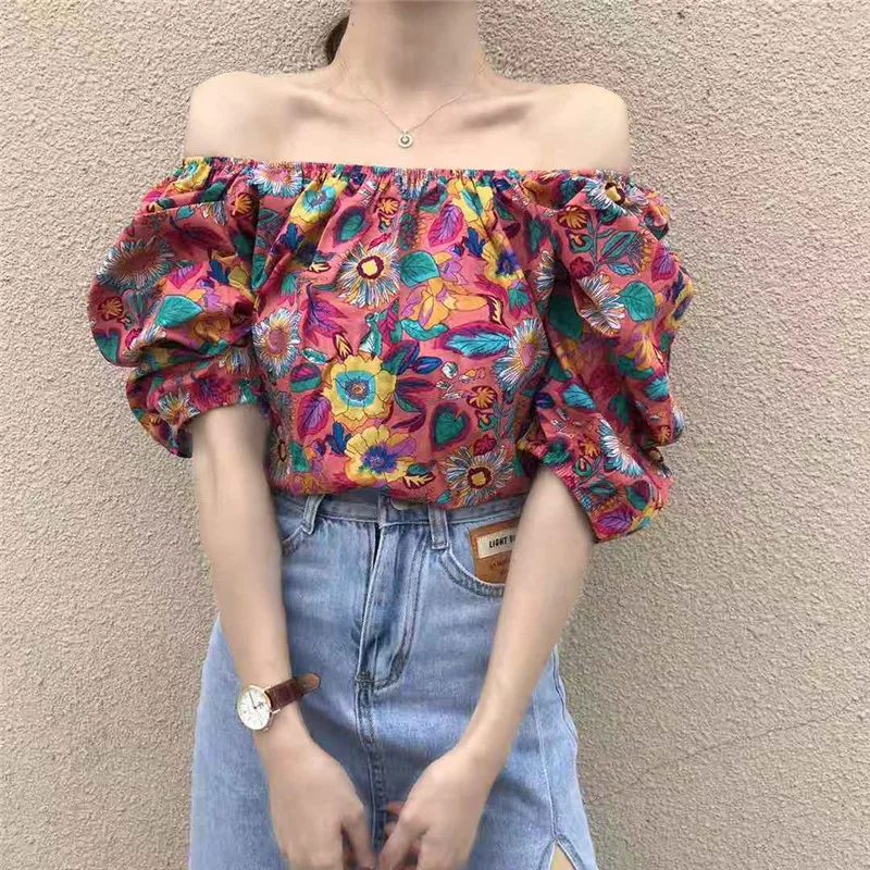 

KUSAHIKI Floral Puff Short Sleeve Women Blouse Summer Korean Chic Slash Neck Blusas Femme 2021 New Sexy Strapless Shirt 6H425