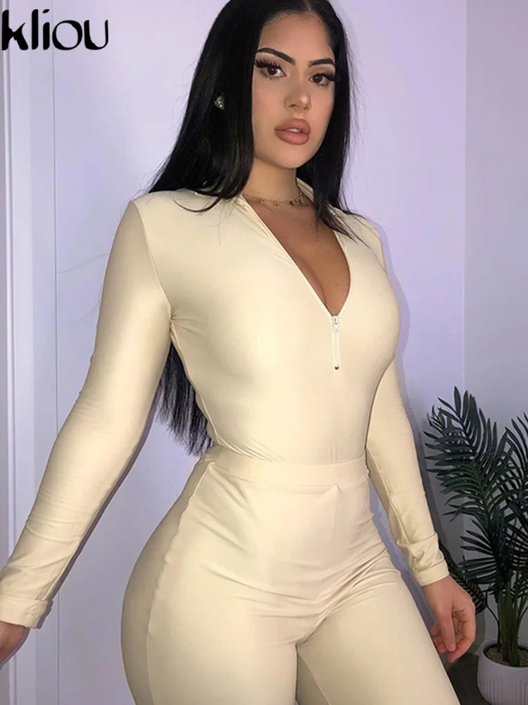 

Kliou/комплект из двух предметов в спортивном стиле для женщин, простой однотонный топ на молнии + высокая талия, тонкая женская одежда для акт...