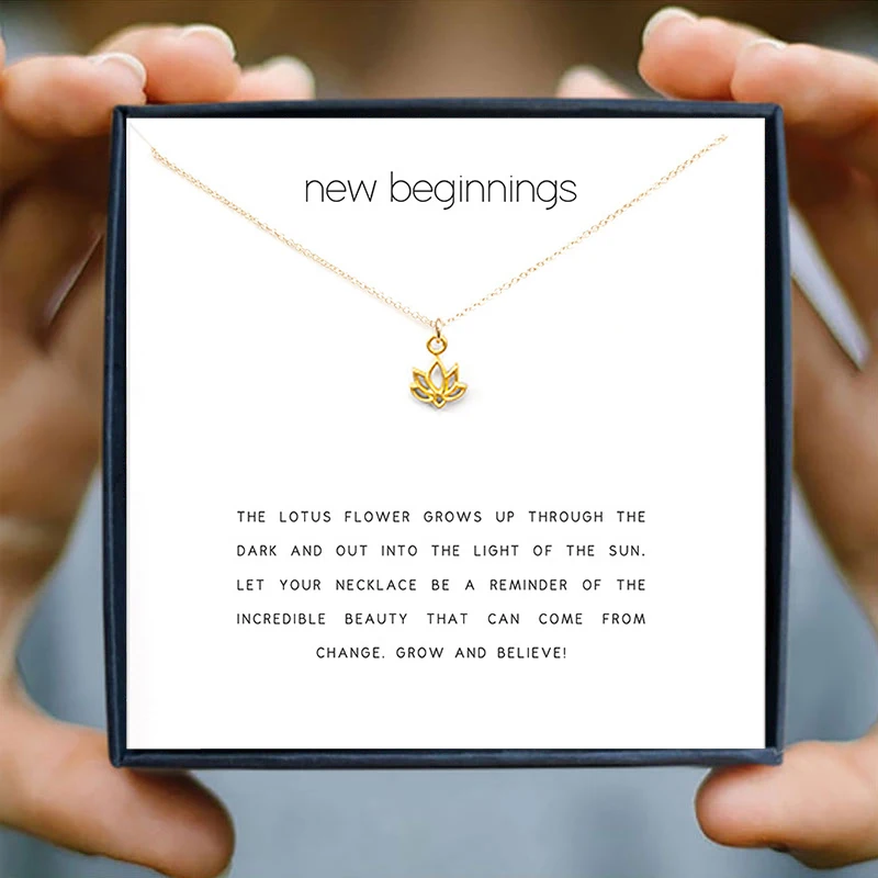 

IcareU Hollow Lotus Pendant Necklace New Beginning Alloy Short Gold Chain Wish Card Valentines Day Gift Love Forever Jewelri Box