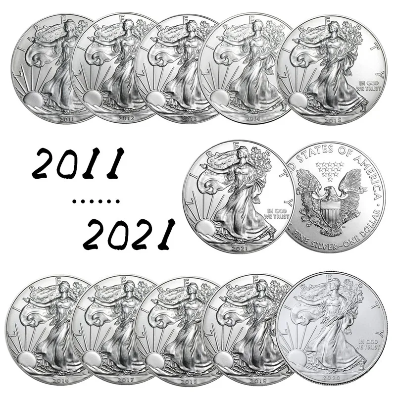 Estatua de la libertad United, monedas de desaf&iacute;o coleccionables de plata de 11 piezas, regalos de A&ntilde;o Nuevo, monedas conmemorativas, Colecci&oacute;n fina, 2011 ~ 2021-0