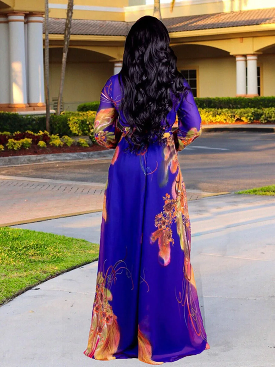 Женское длинное шифоновое платье с синим цветочным принтом Элегантное летнее