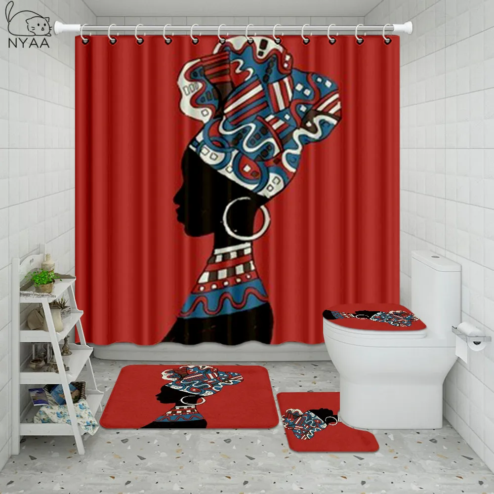 Kopen Nyaa Afro-amerikaanse Vrouwen Met Kroon Duurzaam Waterdicht Douchegordijn Set Met Afro Afrika Meisje Antislip Badkamer Mat Tapijten