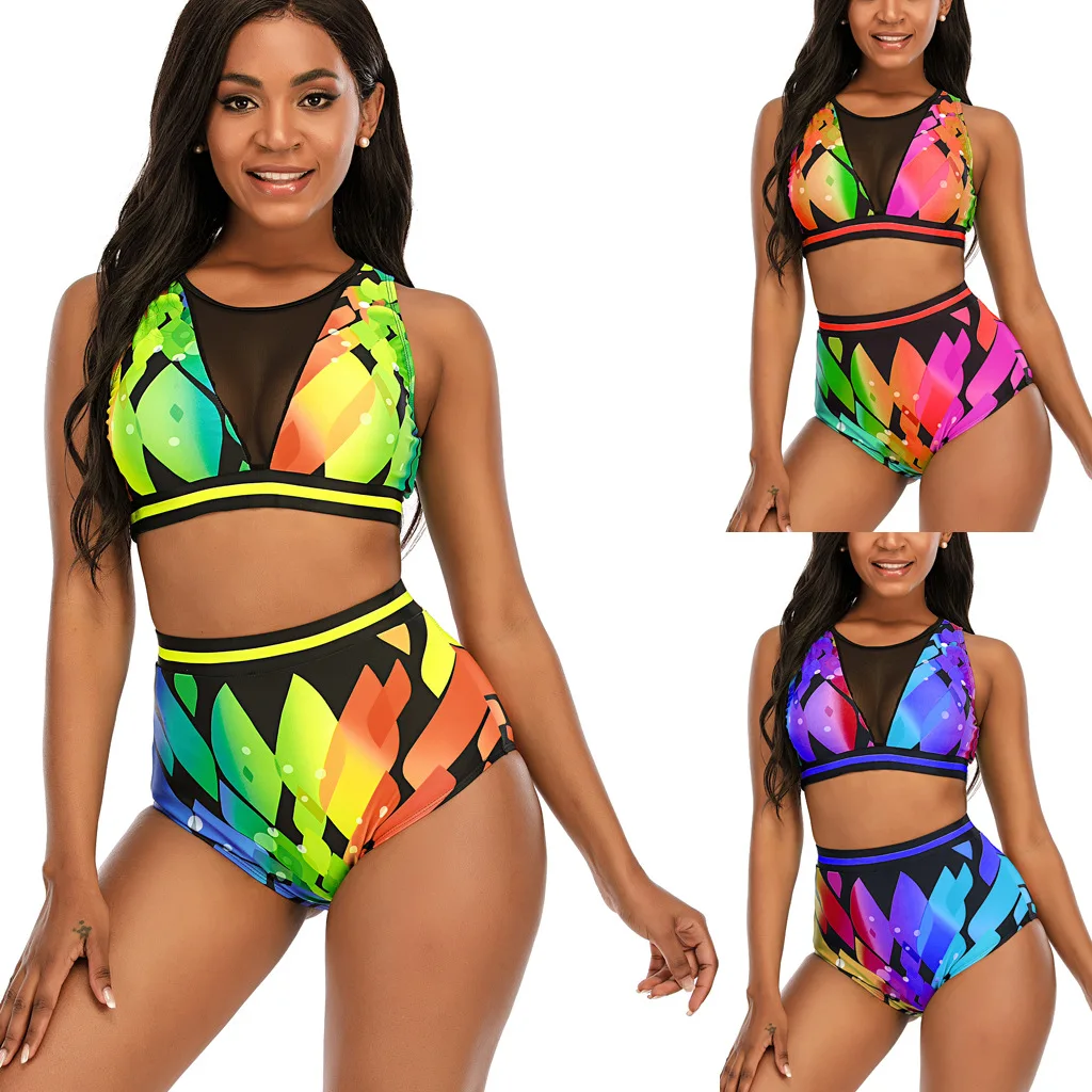 

Large size pattern bikini 3 colors European and beautiful women color matching split swimsuit beach sexy wind high waist bikini