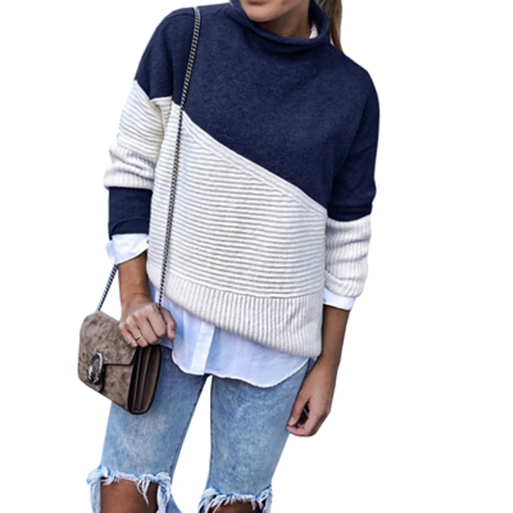 

S -XL New Fall Winter Sweaters Splicing Knitted Sweater turtleneck Ladies Pullover Tops for Women Sweater Female Casual Fashion