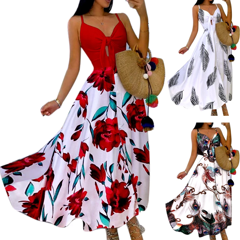 

Hot Sales Fashion Women V Neck Peacock Floral Print Large Hem Chest Knot Sling Long Dress